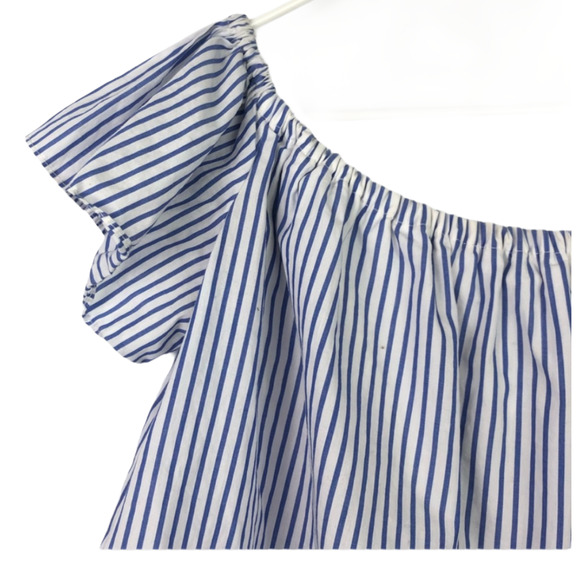 Zara Striped Blue White Off the Shoulder Crop Top Flutter Sleeve Size Small - Picture 5 of 7